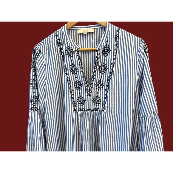 LOFT Blue White Striped Boho Embroidered Blouse Peasant Tunic Top Large Petite - Picture 2 of 7